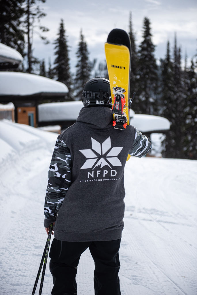 Sudadera con capucha para nieve, alta, para esquí y snowboard, gris, con mangas de camuflaje para nieve - Unisex