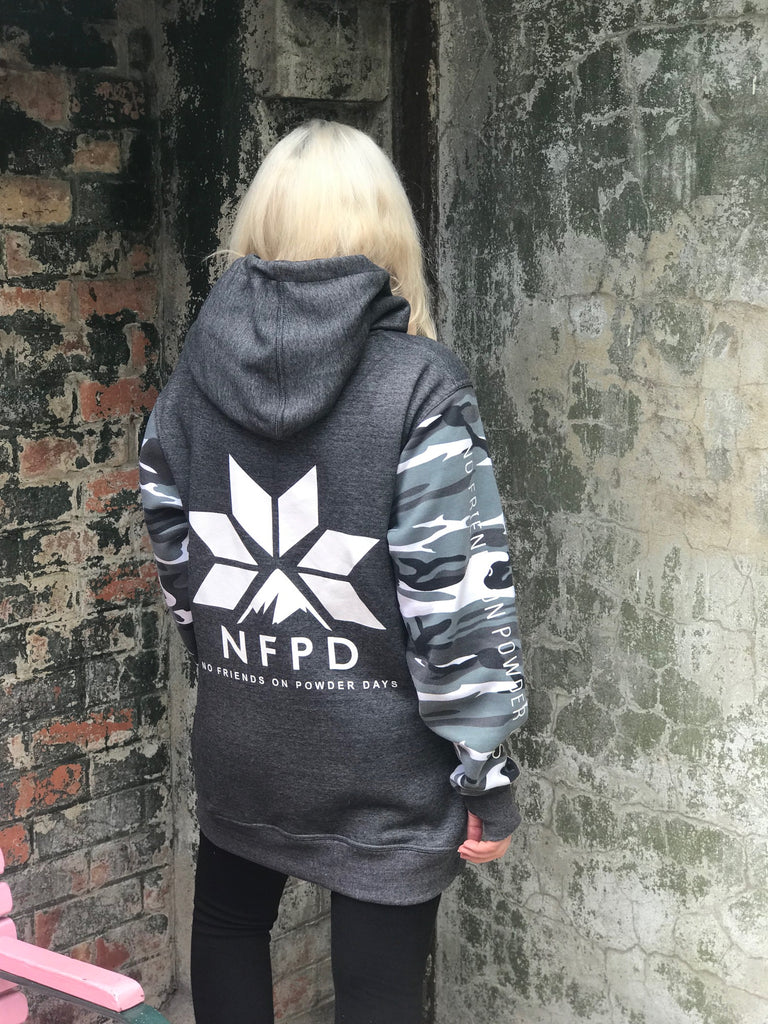 Sudadera con capucha para nieve, alta, para esquí y snowboard, gris, con mangas de camuflaje para nieve - Unisex