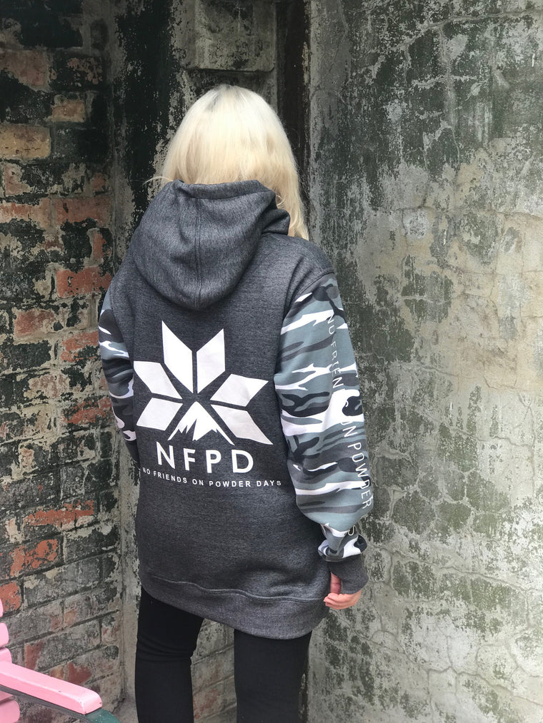 Sudadera con capucha para nieve, alta, para esquí y snowboard, gris, con mangas de camuflaje para nieve - Unisex
