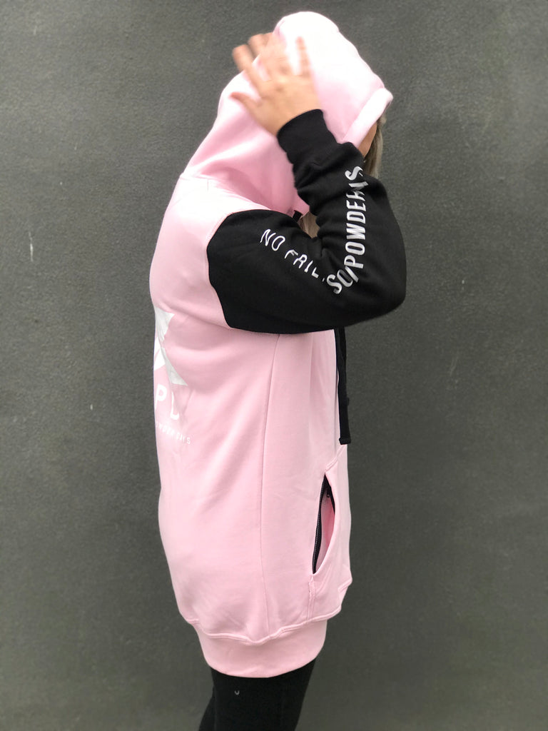Sudadera con capucha alta rosa bebé y negra - Unisex